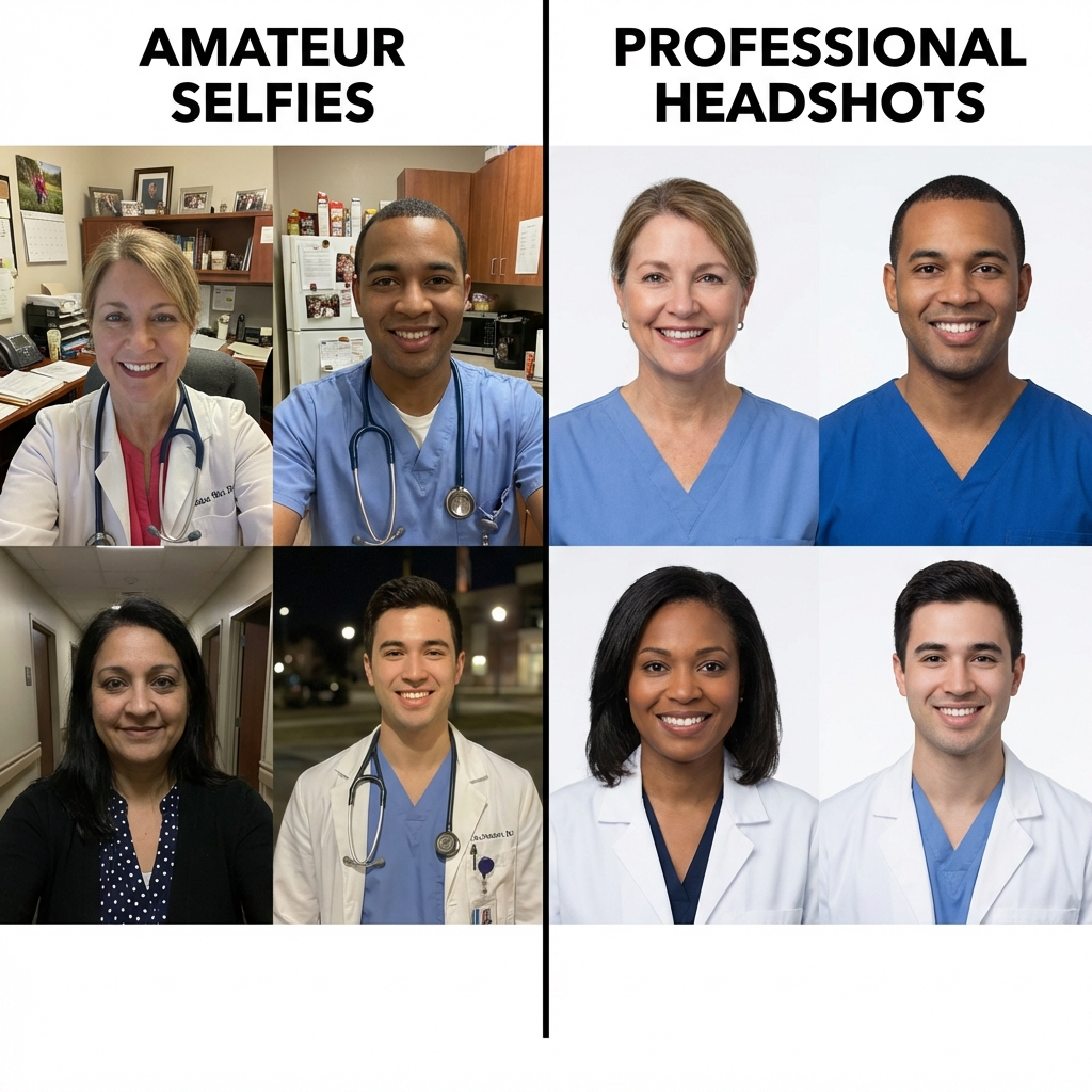Comparación de antes y después mostrando fotos de personal individuales transformadas en retratos profesionales uniformes.