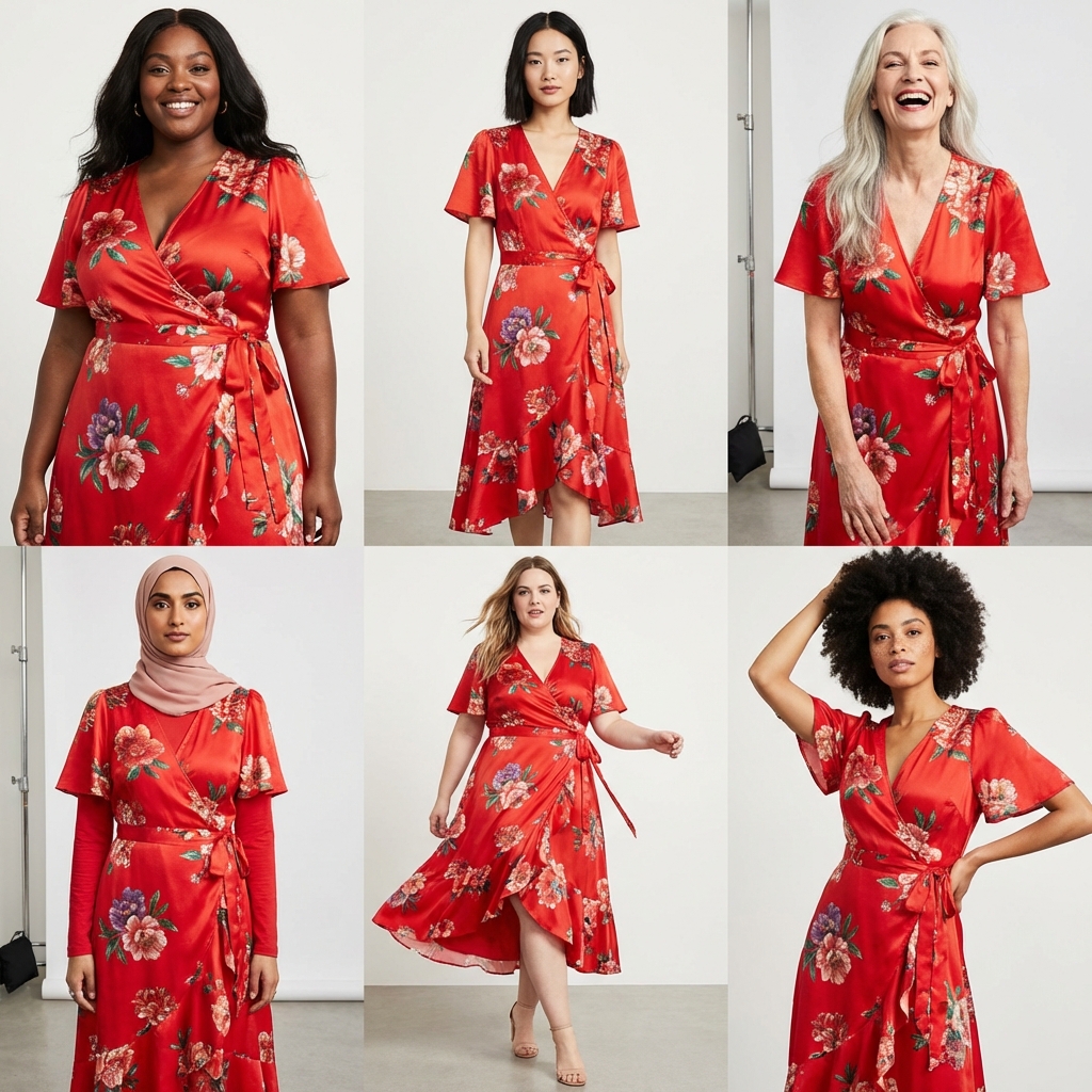 Una cuadrícula de 6 modelos de moda diversas usando el mismo vestido floral rojo.