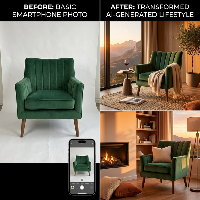 AI virtual staging for furniture ecommerce showing living room variations.